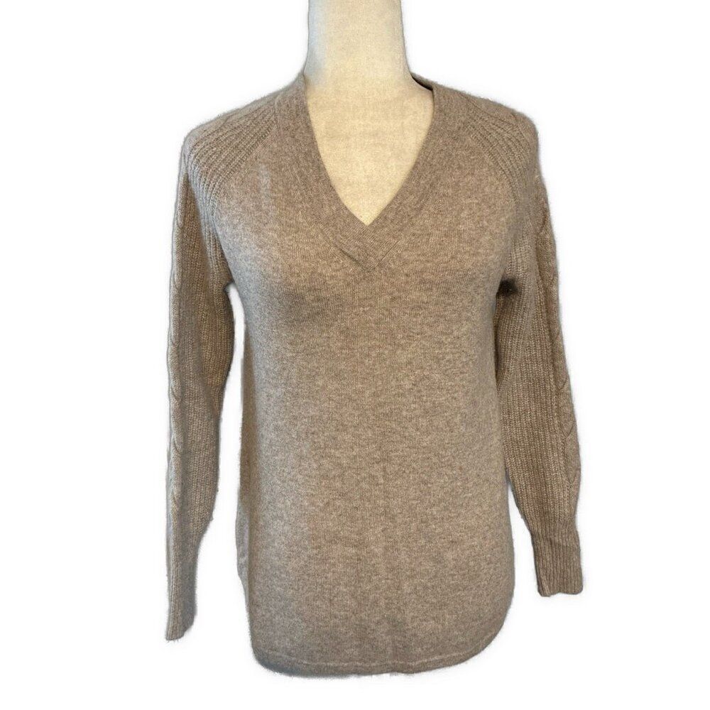 Griffen Womens Solid Beige 100% Cashmere V Neck Long Sleeve Sweater Top Small